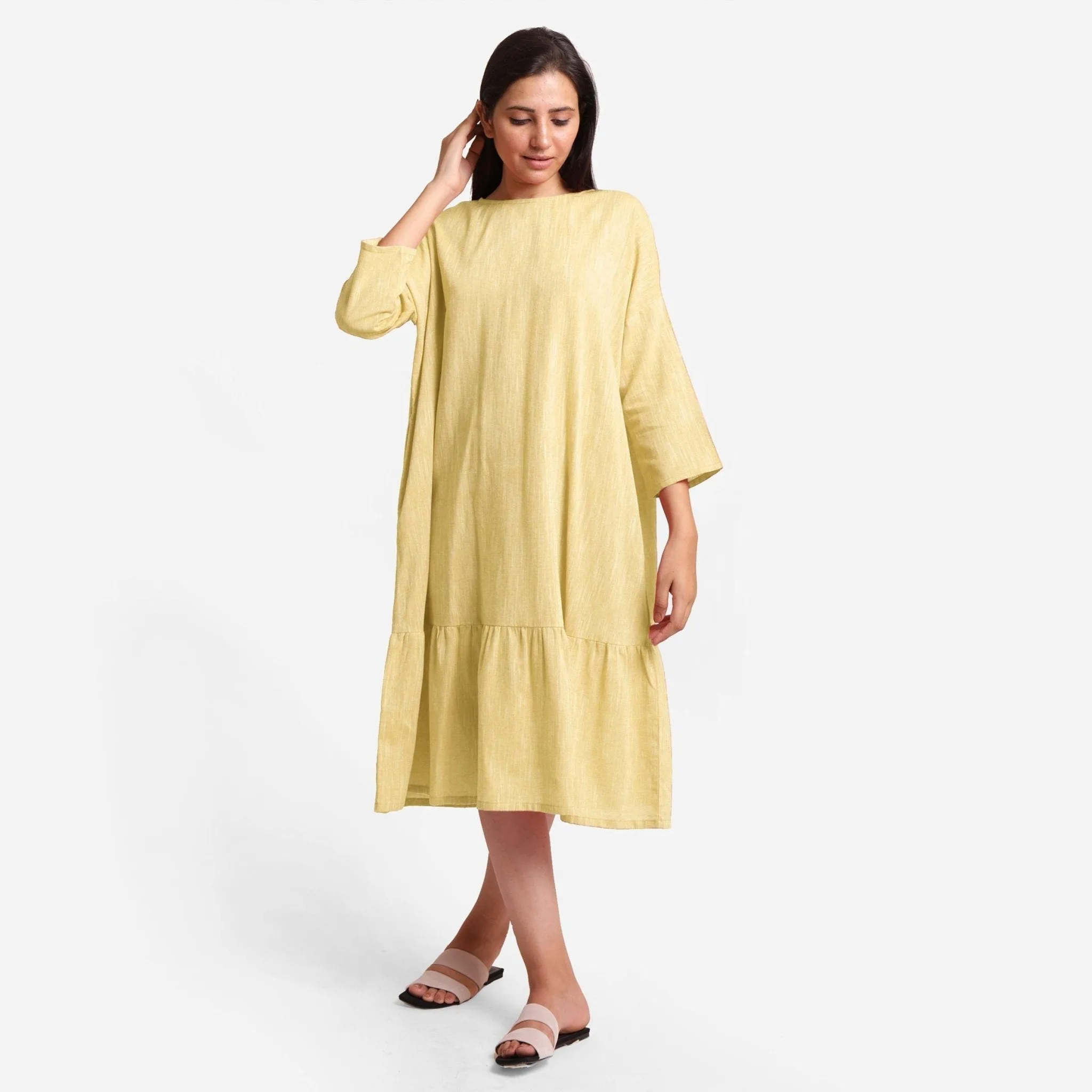 Lemon Yellow Yarn Dyed Cotton Boat Neck Midi Tier Dress