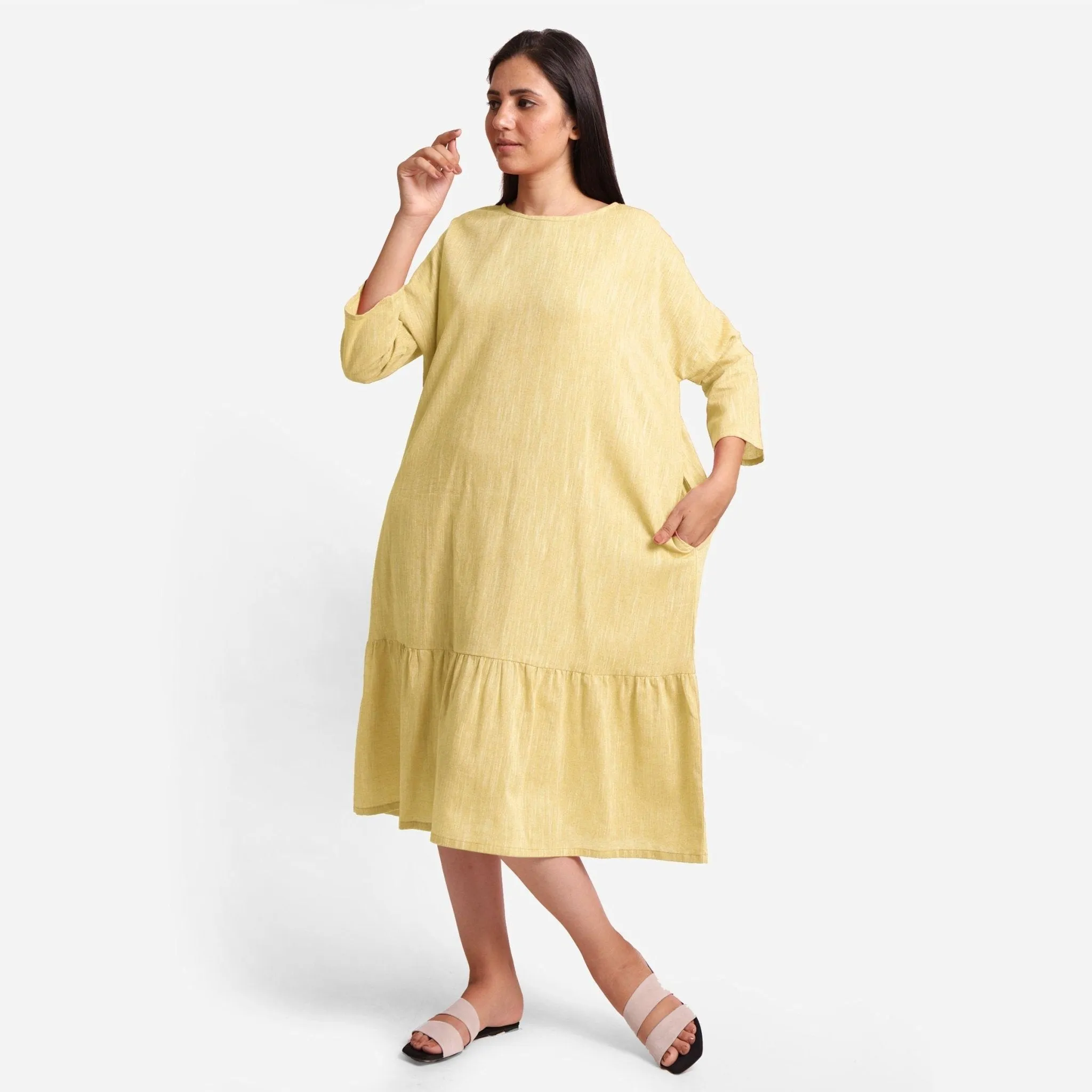 Lemon Yellow Yarn Dyed Cotton Boat Neck Midi Tier Dress
