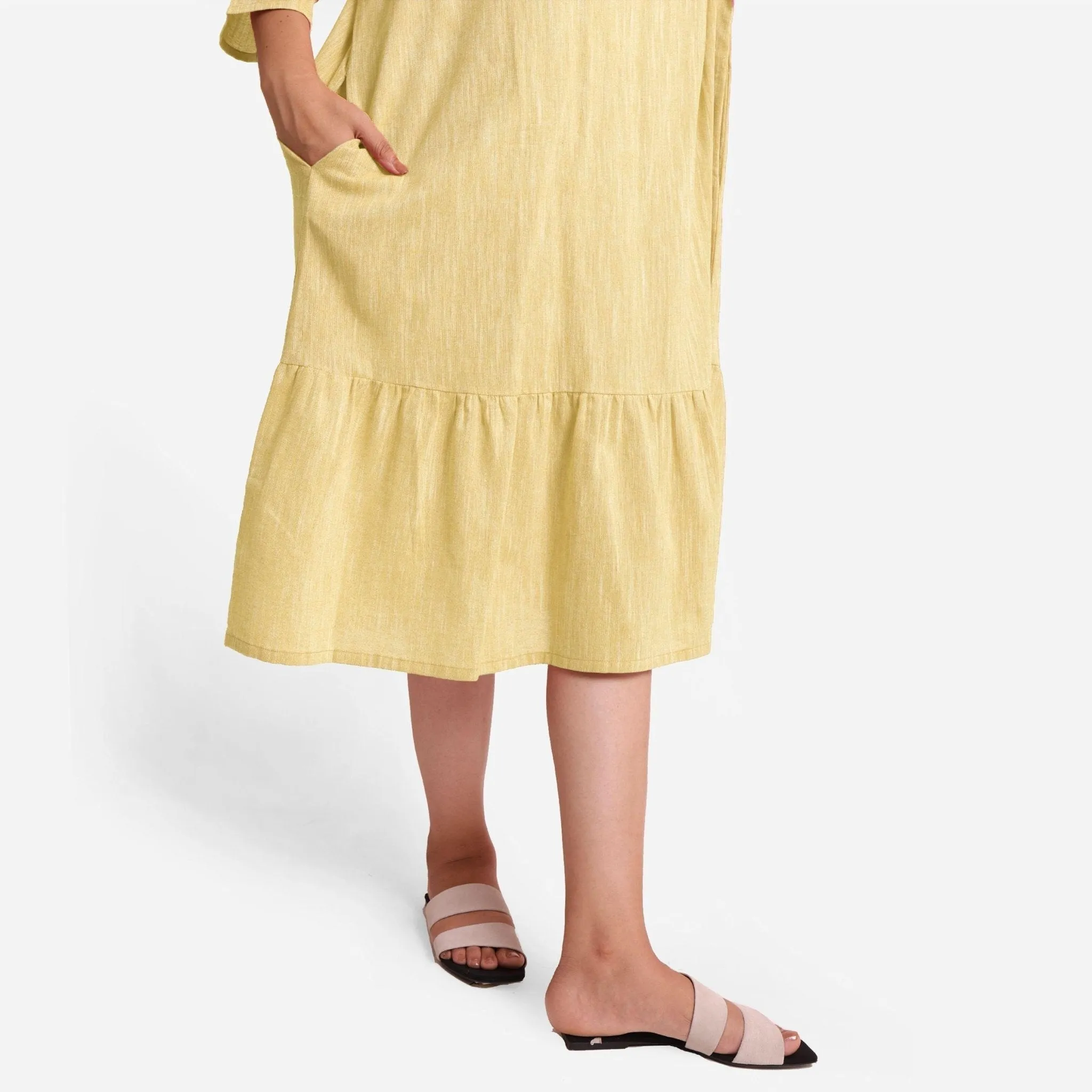 Lemon Yellow Yarn Dyed Cotton Boat Neck Midi Tier Dress