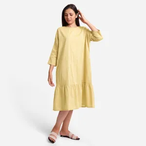 Lemon Yellow Yarn Dyed Cotton Boat Neck Midi Tier Dress