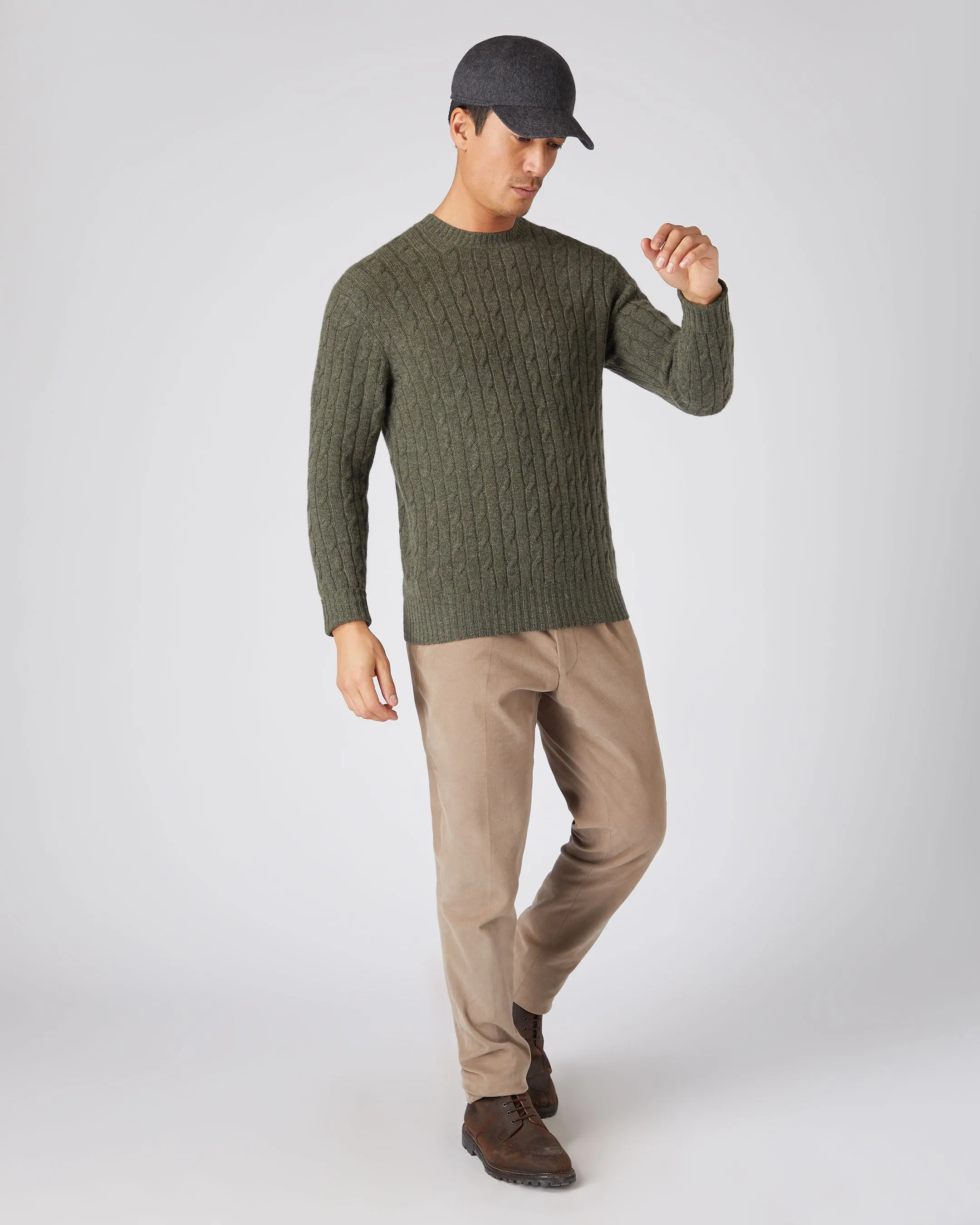 Men's Thames Cable Round Neck Cashmere Sweater Moss Green