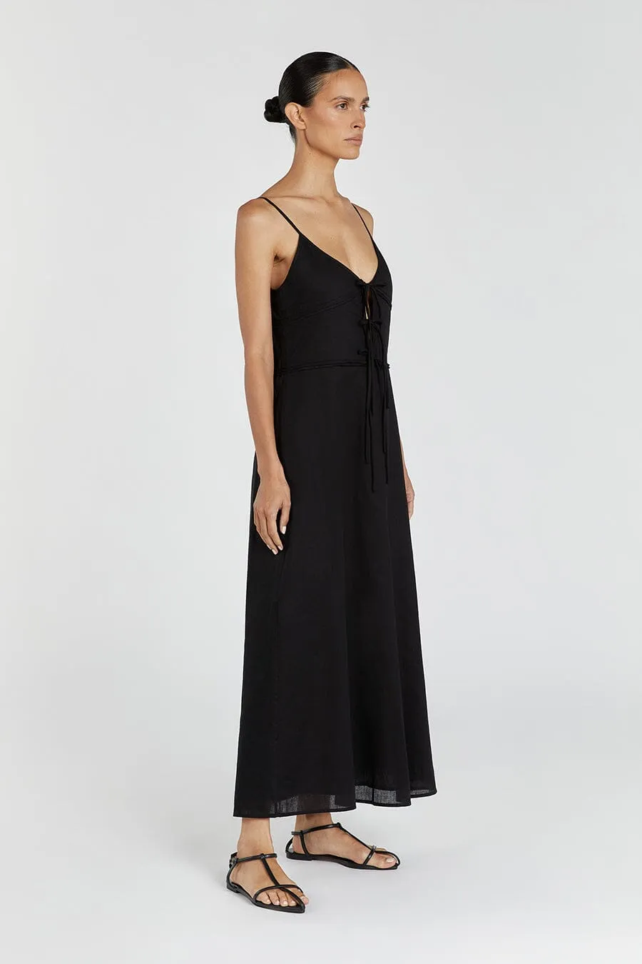 MIMI BLACK LINEN MIDI DRESS