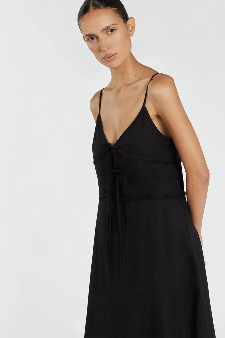 MIMI BLACK LINEN MIDI DRESS