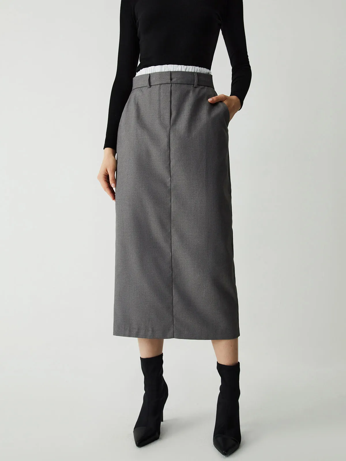 Patchwork Waistband Double Trendy Pockets Midi Skirt
