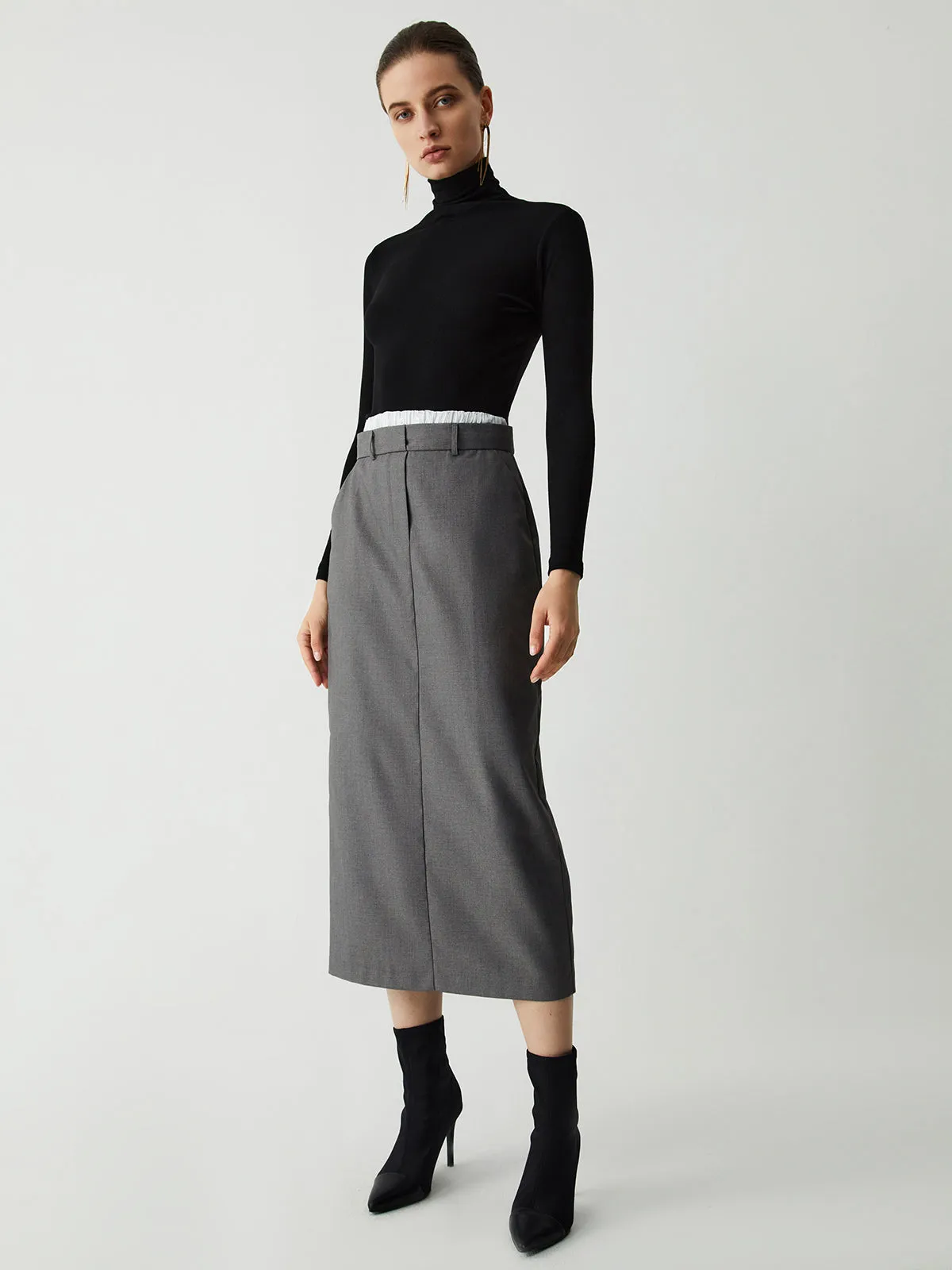 Patchwork Waistband Double Trendy Pockets Midi Skirt