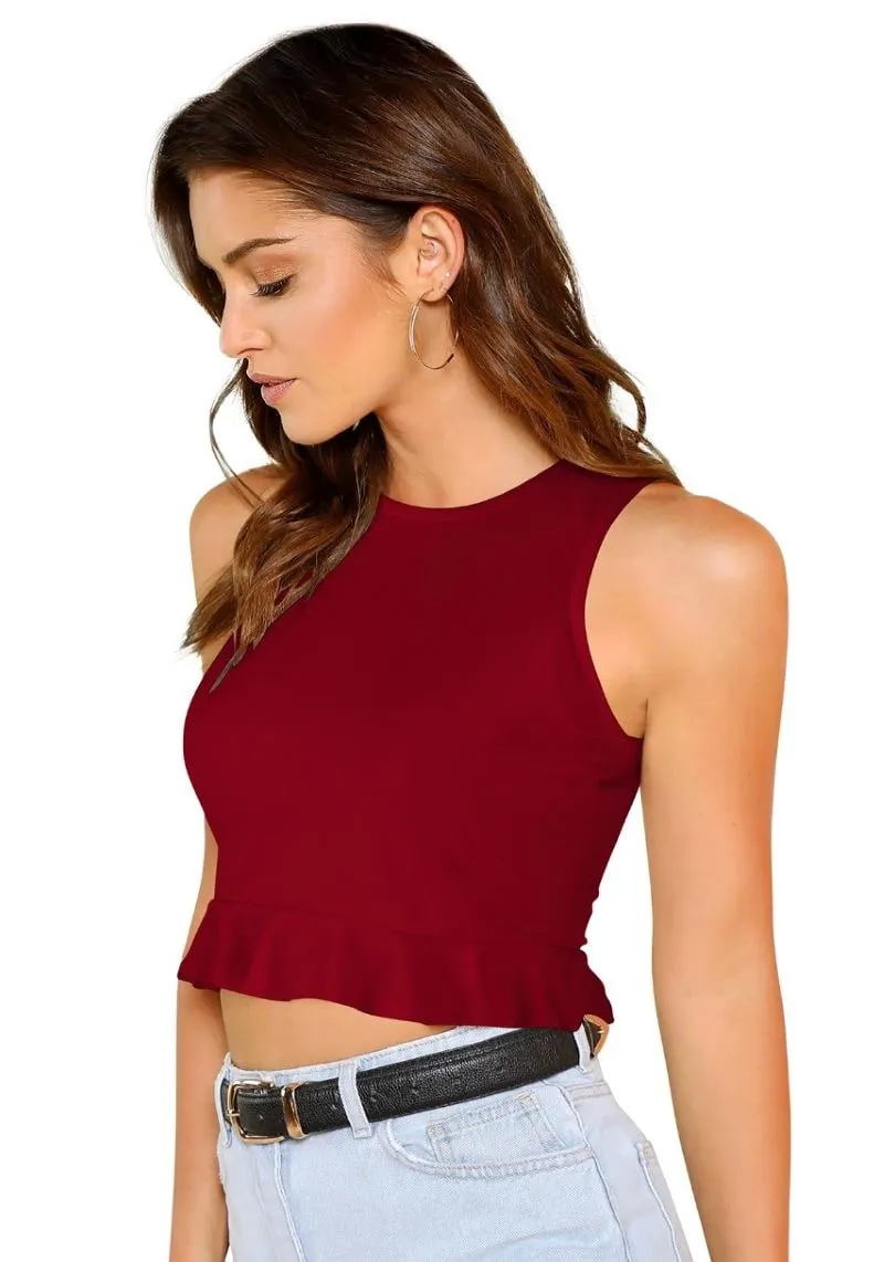 Round Neck Sleeveless Crop Top For Women