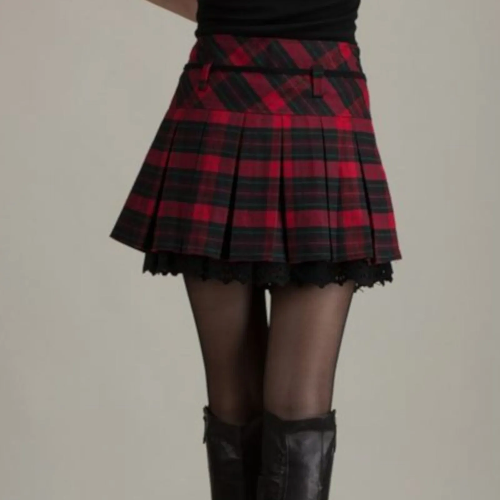 Sexy Red Pleated Tartan Mini Party Skirt