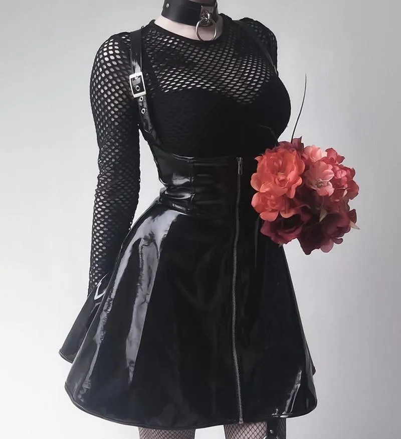 Solid Woman Leather Vintage Skirts / Zipper Pleated Slim Gothic Trendy