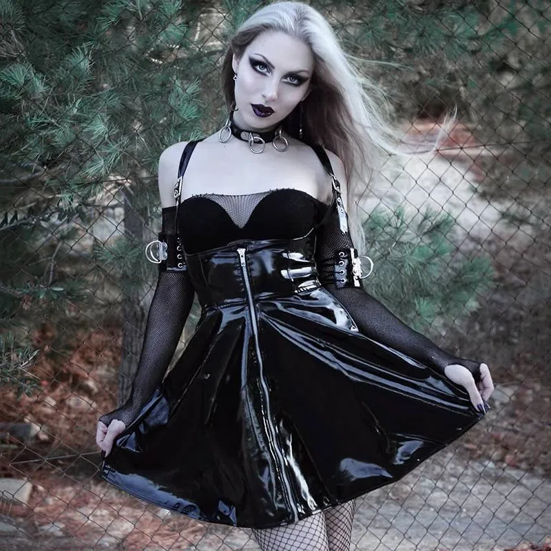 Solid Woman Leather Vintage Skirts / Zipper Pleated Slim Gothic Trendy