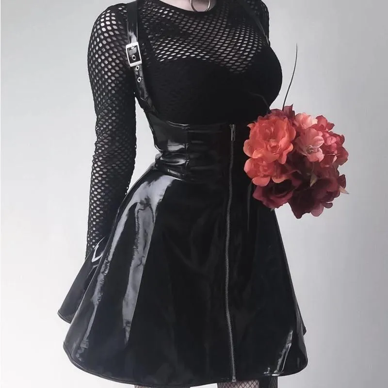 Solid Woman Leather Vintage Skirts / Zipper Pleated Slim Gothic Trendy