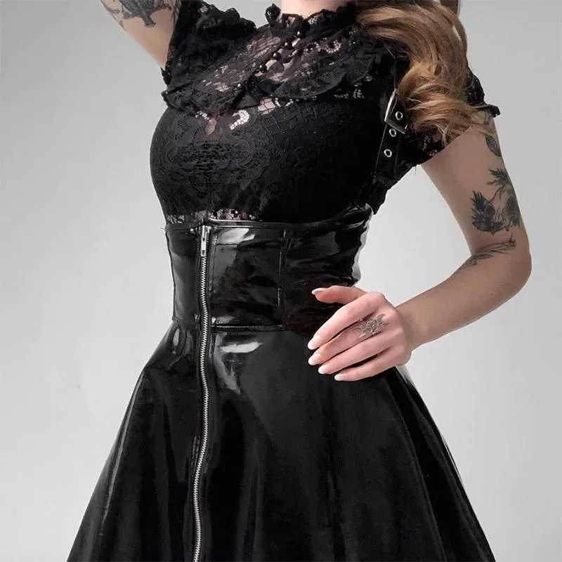 Solid Woman Leather Vintage Skirts / Zipper Pleated Slim Gothic Trendy