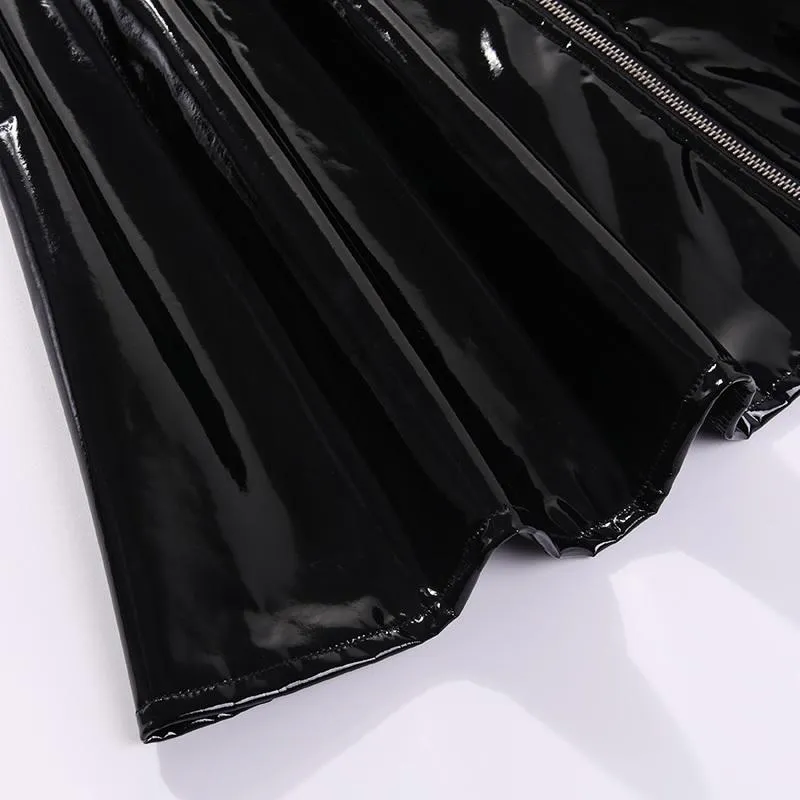Solid Woman Leather Vintage Skirts / Zipper Pleated Slim Gothic Trendy