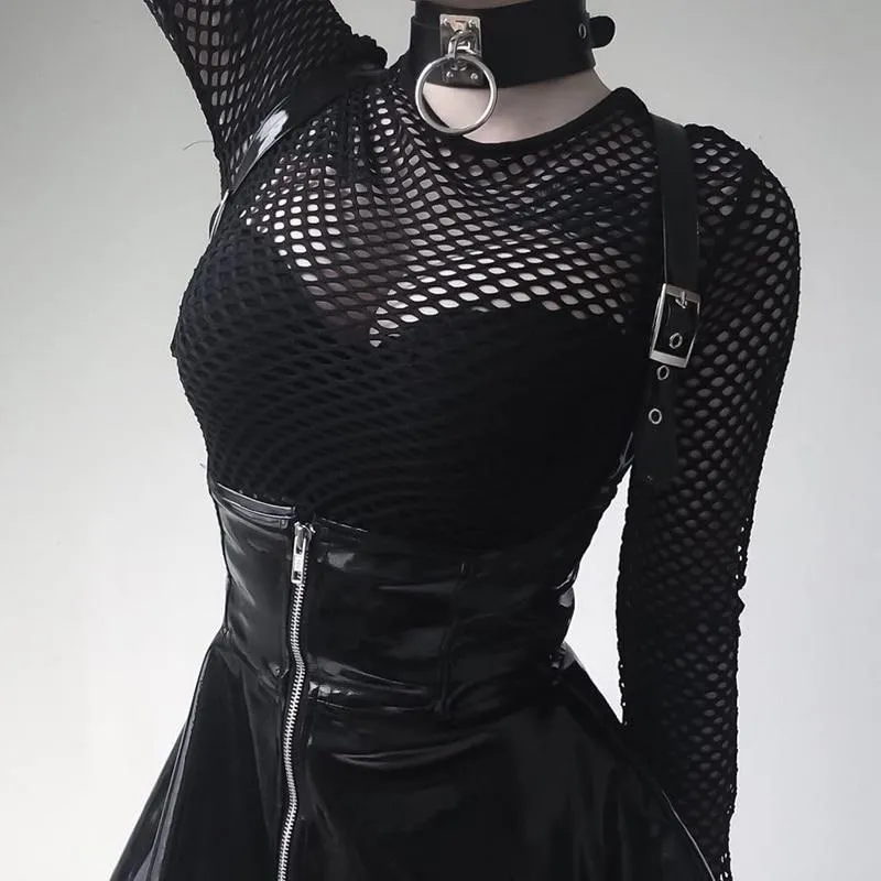 Solid Woman Leather Vintage Skirts / Zipper Pleated Slim Gothic Trendy