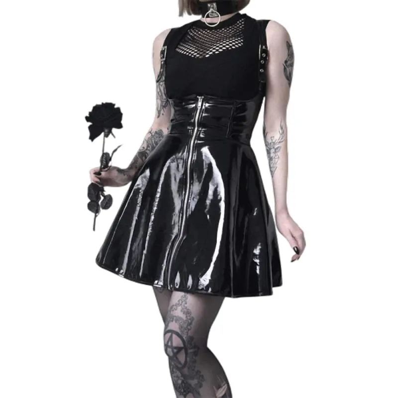Solid Woman Leather Vintage Skirts / Zipper Pleated Slim Gothic Trendy
