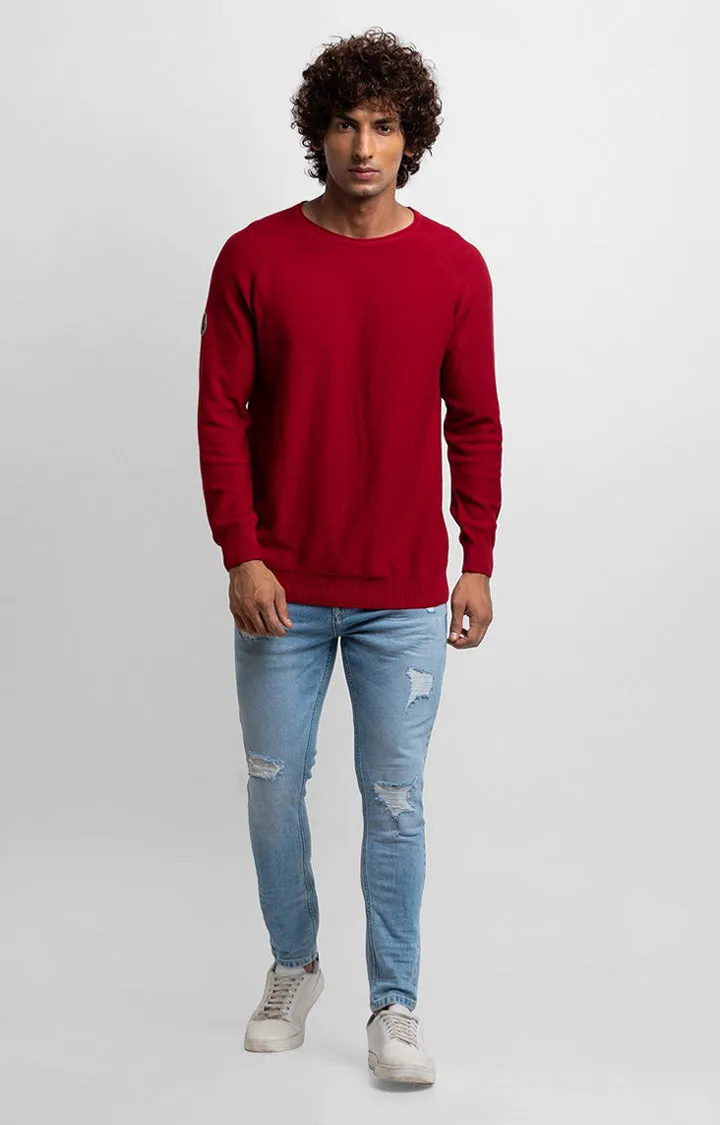 Spykar Deep Red Cotton Full Sleeve Casual Sweater For Men