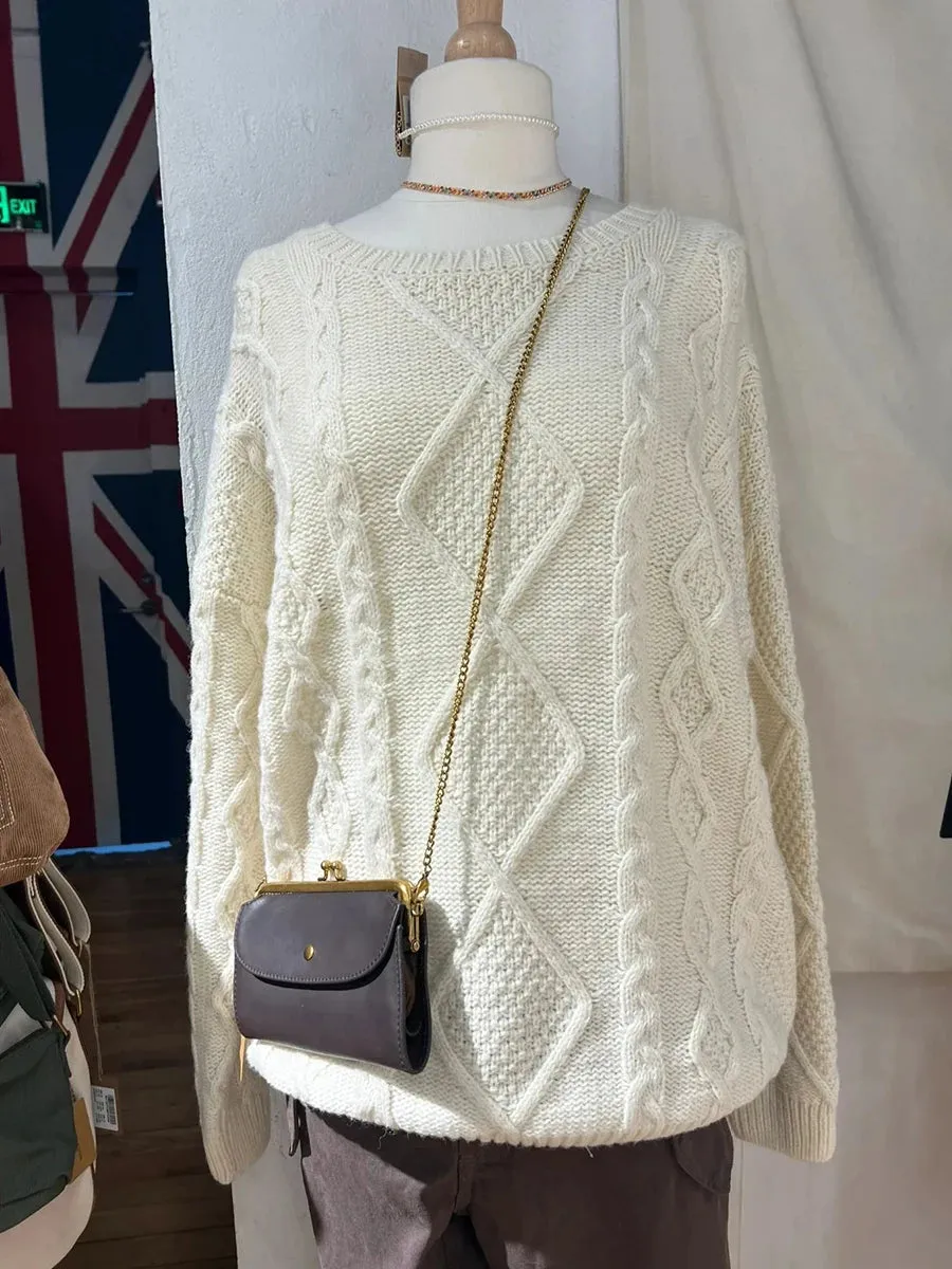 TAVIMART  -  Twisted Flower Beige Thick Sweater Women Autumn O-Neck Loose Knitted Jumpers Sweet Preppy Style Solid Sweet Pullover Sweaters