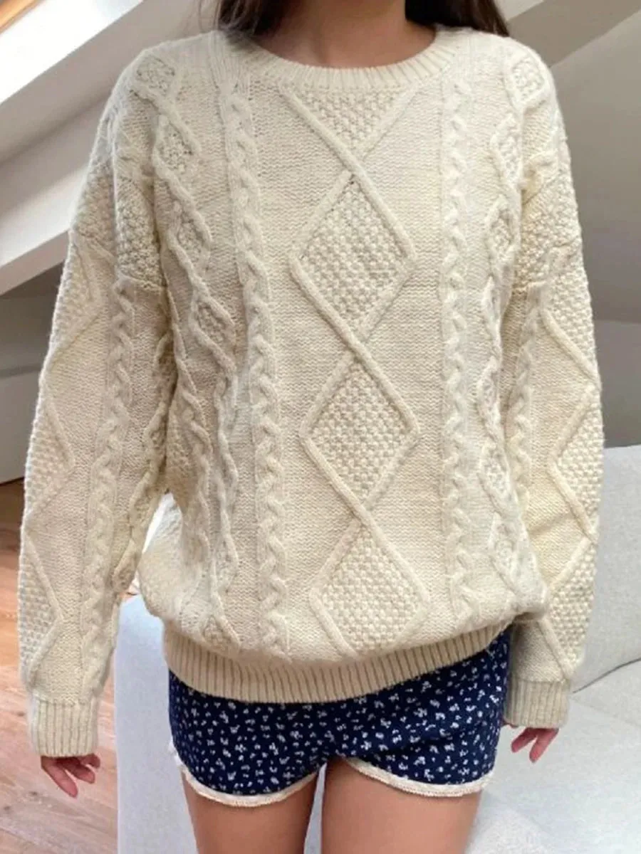 TAVIMART  -  Twisted Flower Beige Thick Sweater Women Autumn O-Neck Loose Knitted Jumpers Sweet Preppy Style Solid Sweet Pullover Sweaters