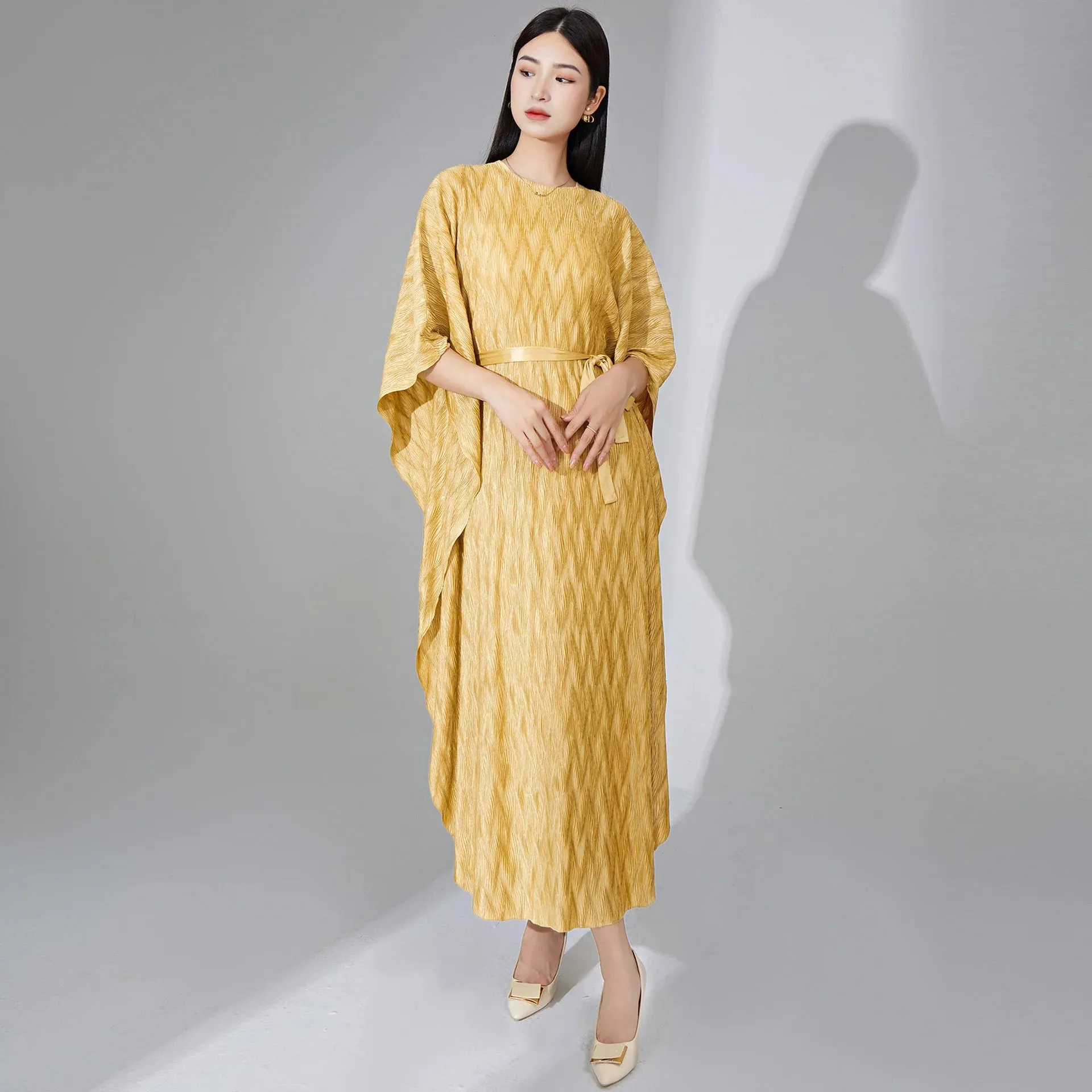 Truly Pleated Batwing Sleeve Couture Dress