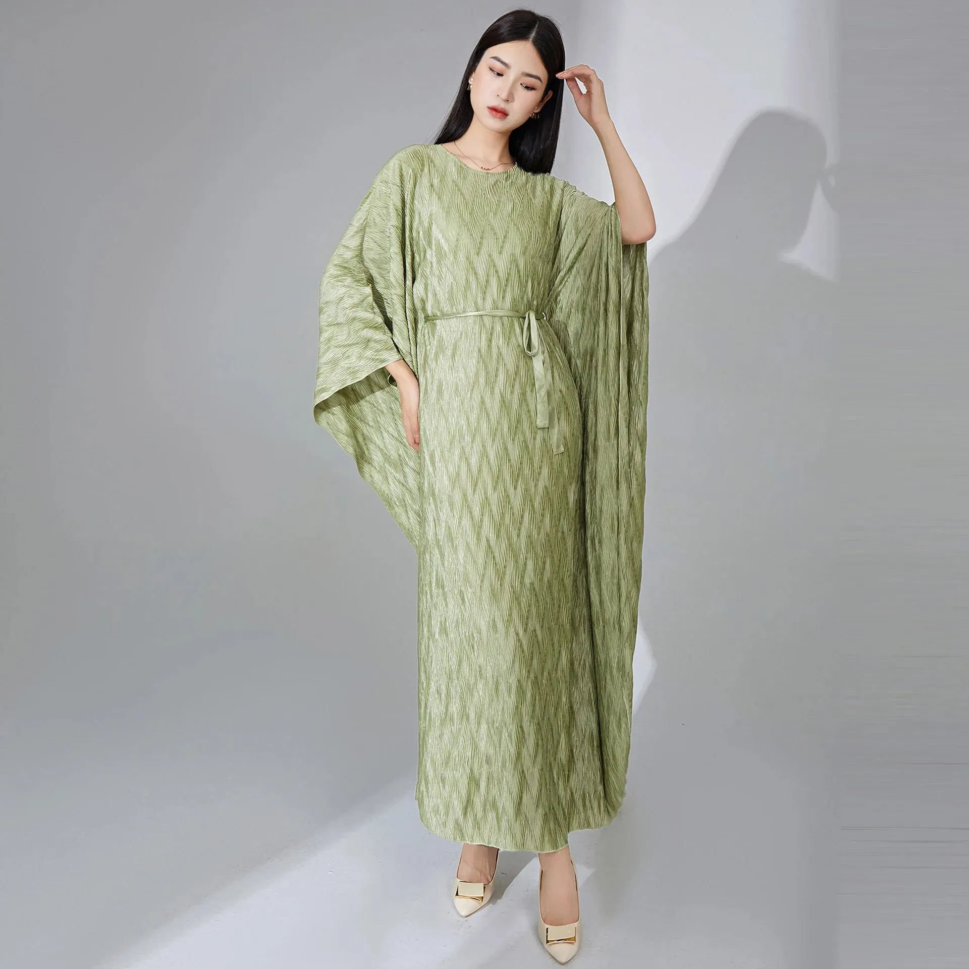 Truly Pleated Batwing Sleeve Couture Dress