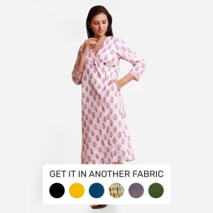 White Floral Block Printed Cotton Midi Wrap Dress