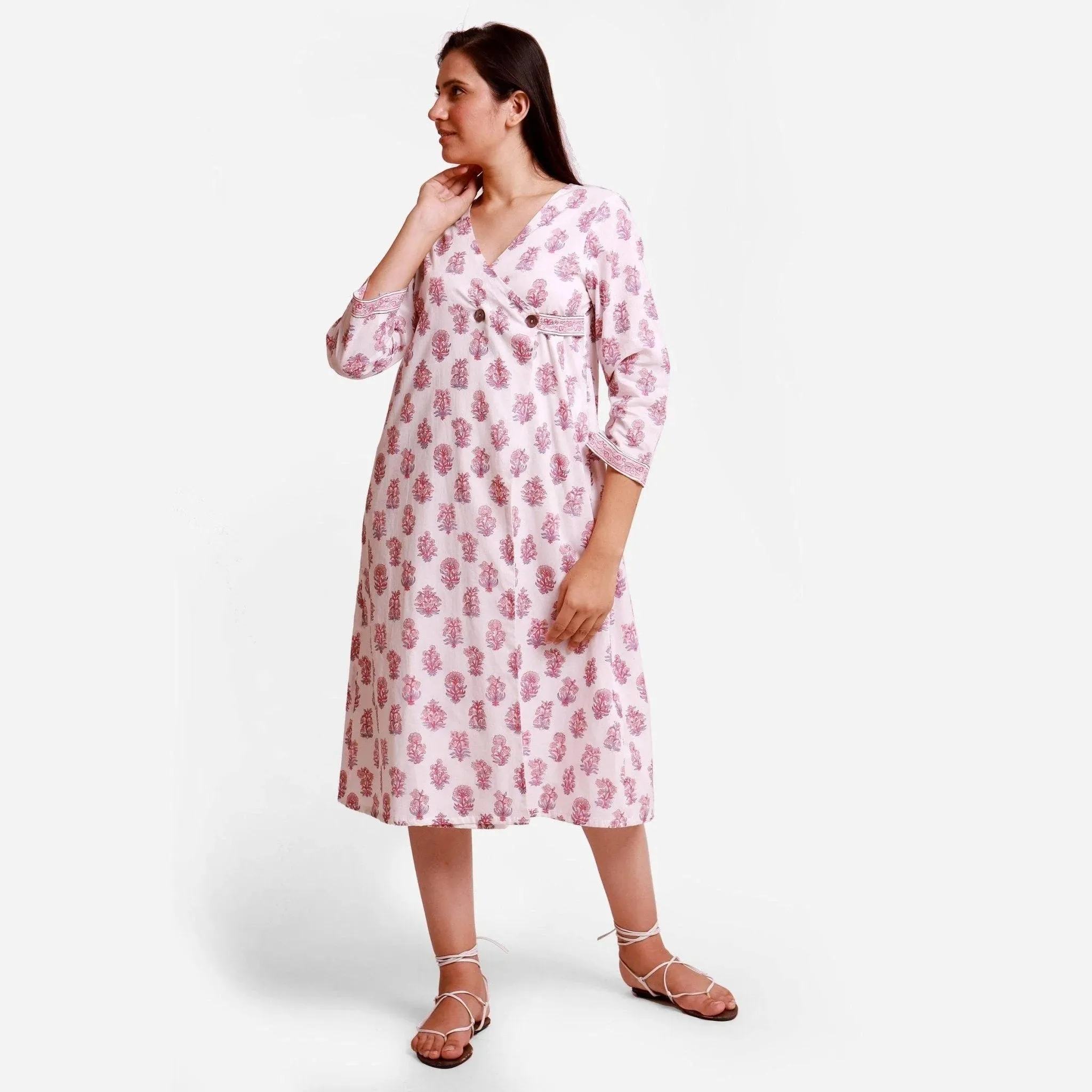 White Floral Block Printed Cotton Midi Wrap Dress