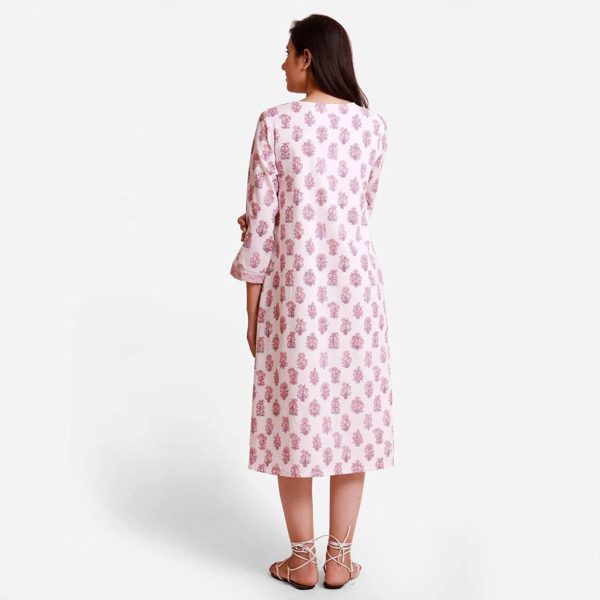 White Floral Block Printed Cotton Midi Wrap Dress