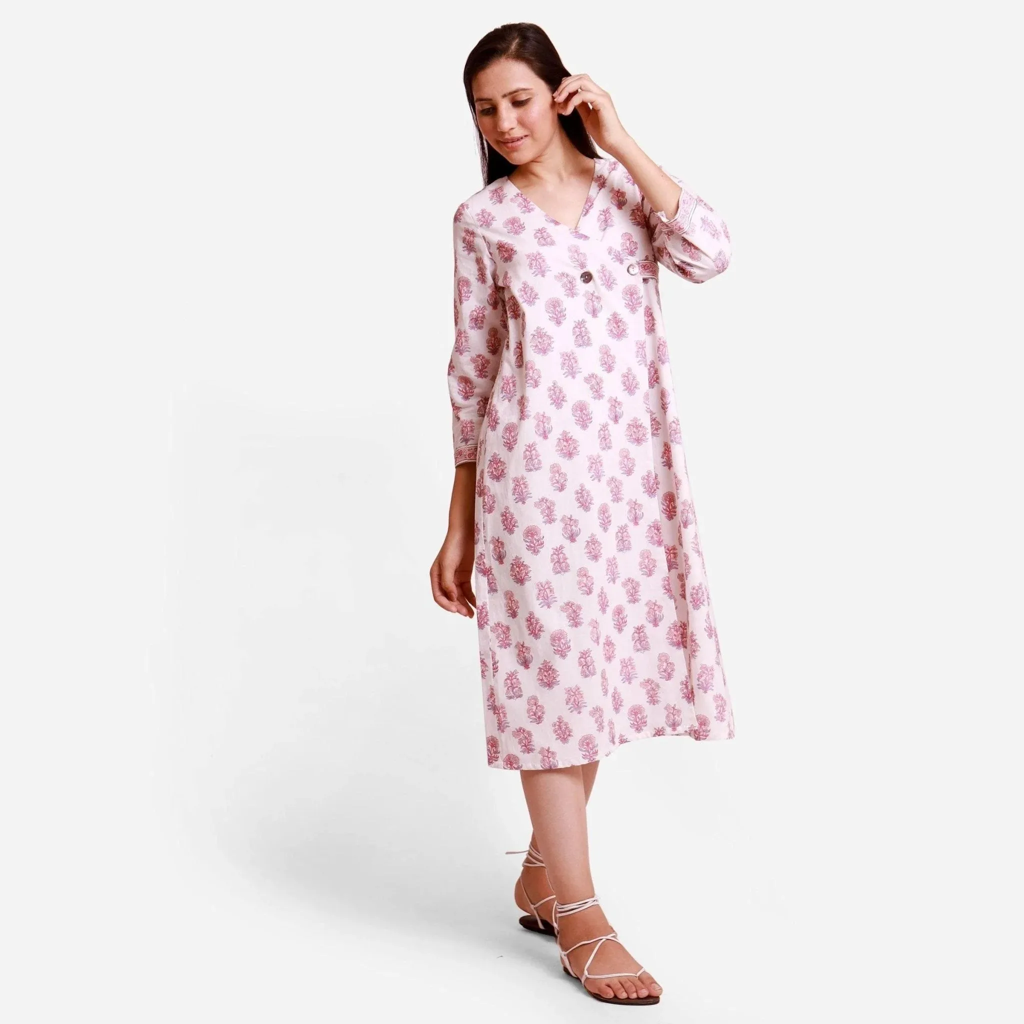 White Floral Block Printed Cotton Midi Wrap Dress