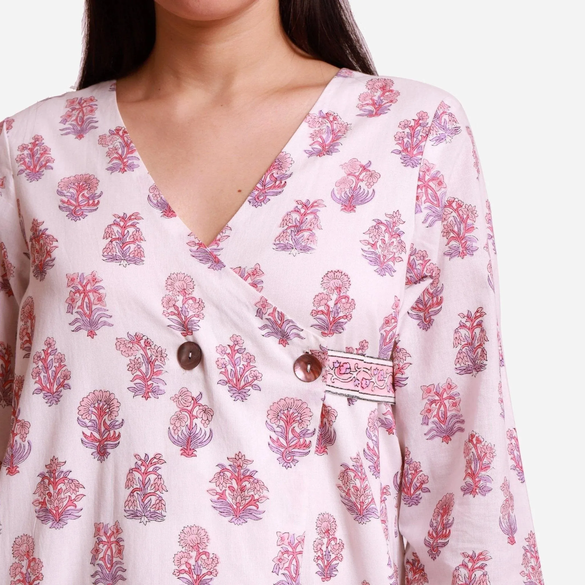 White Floral Block Printed Cotton Midi Wrap Dress