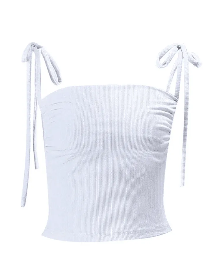 White Lace Up Ribbed Crop Cami Top