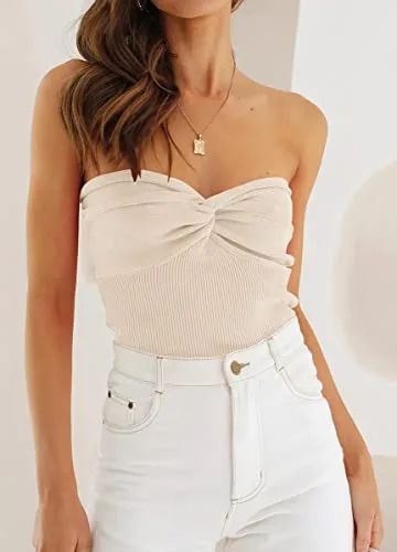 Women's  Apricot Strapless Crop Top - Sweetheart Neck, Ribbed Sleeveless, Trendy Going Out & Summer Outfit
